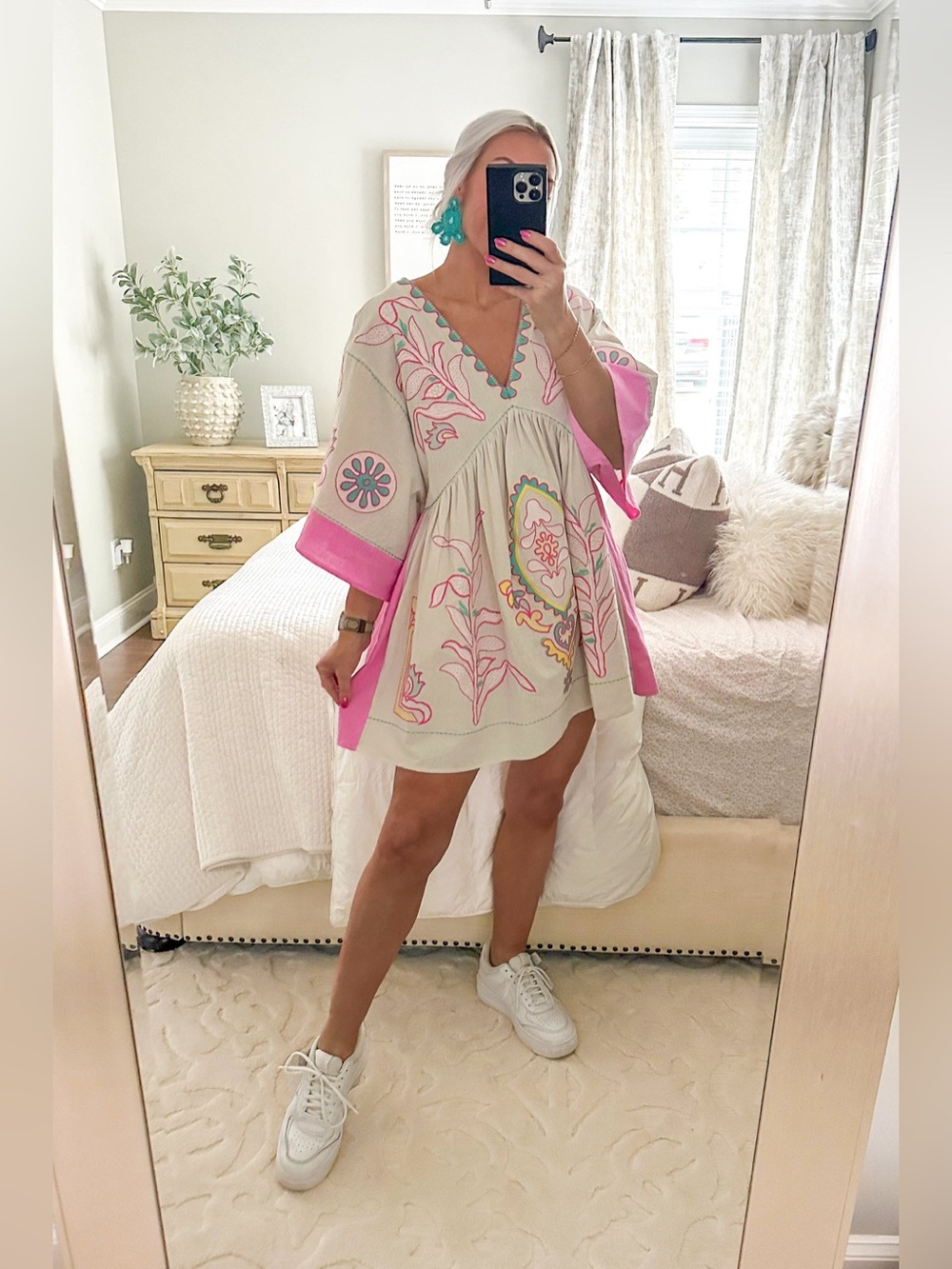 BLUE VELVET Linen Cotton Embroidered Boho Tunic Mini Dress Size S/M VGUC